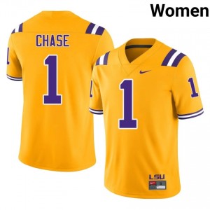 Ja'Marr Chase #1 LSU Gold Women Stitch Jersey | Fresh High School Football Merch w78mBO92